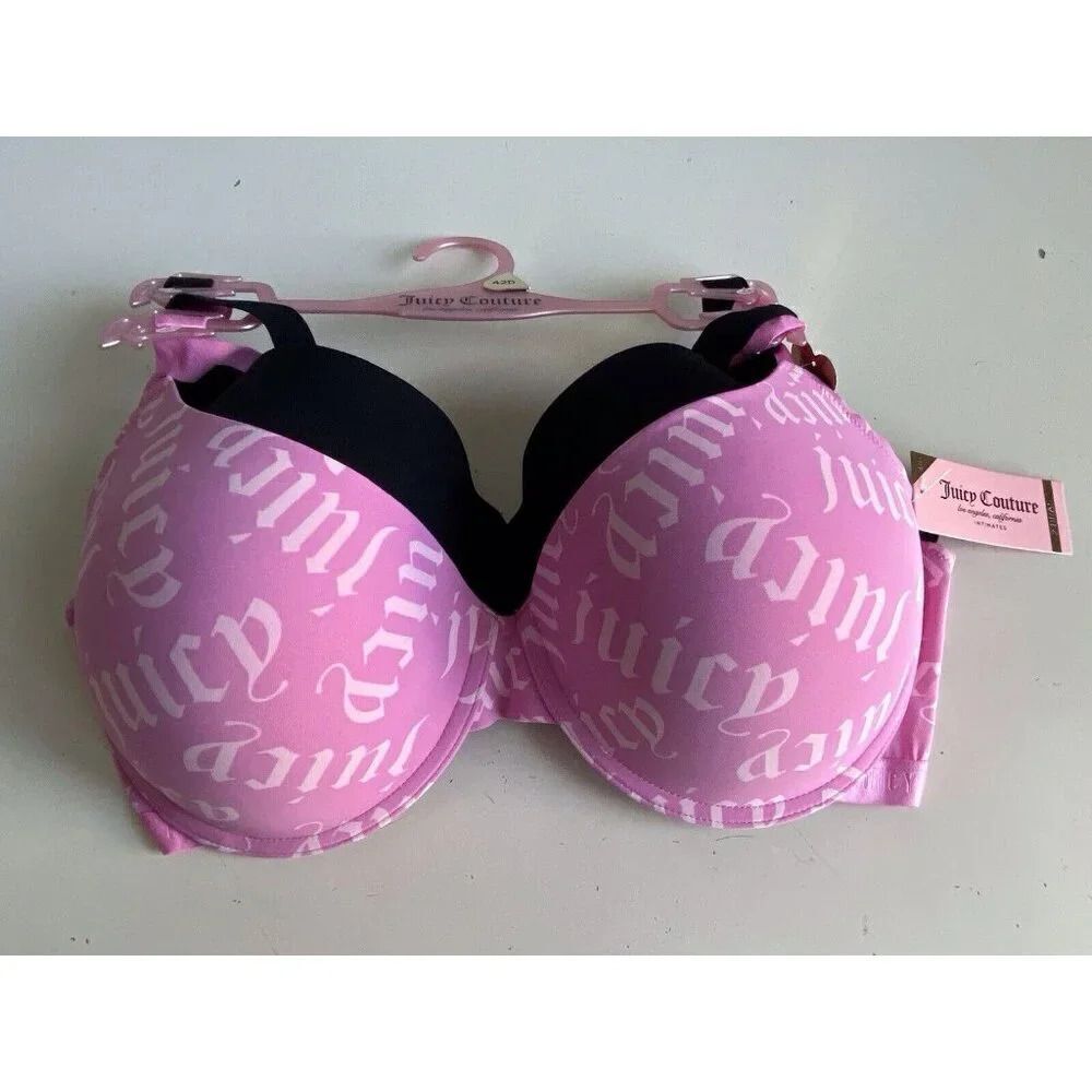 2 Pk Juicy‎ Couture Sleek & Smooth Bra JC1653 Lined Sz 42D Logo Pink Logo Black